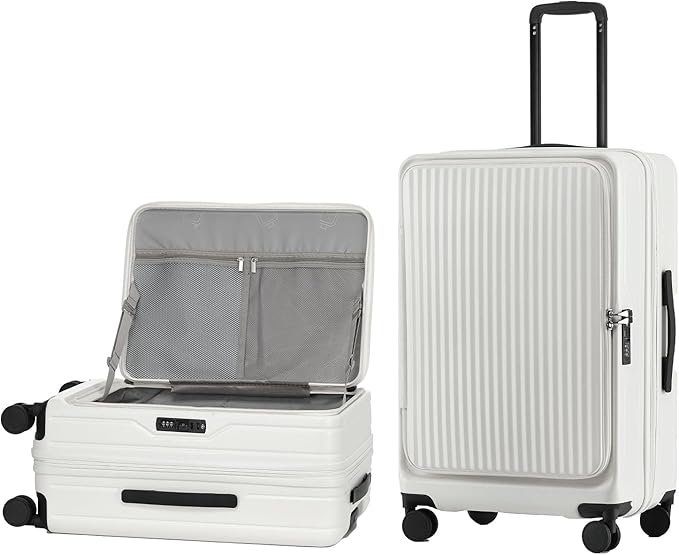 26 Inch Top Opening Checked Travel Luggage Expandable with Spinner Wheels,All PC Hard Shell Hardside Lightweight Medium Suitcase with TSA Approved Cup Holder for Business Trips Woman Men,White