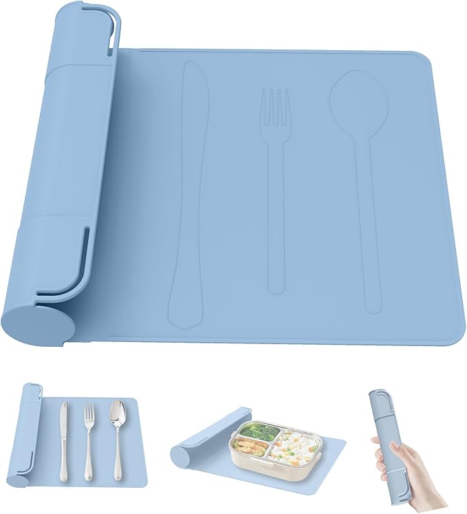 Utensil Box, Tableware Silicone Portable Box Silverware mat, Suitable for Kitchen Utensils, Portable Outdoor Camping Spoon Fork Utensils Storage mat (Blue)