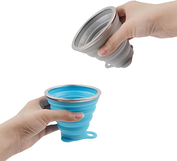 2 Pack Collapsible Silicone Travel Cups with Lids Portable Folding Camping Cups (Grey & Blue)