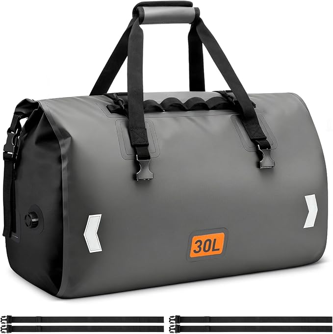 Waterproof Dry Bag, 30L Roll-top Motorcycle Tail Bag with Air Valve & Quick-fixed Straps, Travel Duffle Bags for Kayaking Paddle Boarding Rafting Boating Camping Riding Fishing - Grey