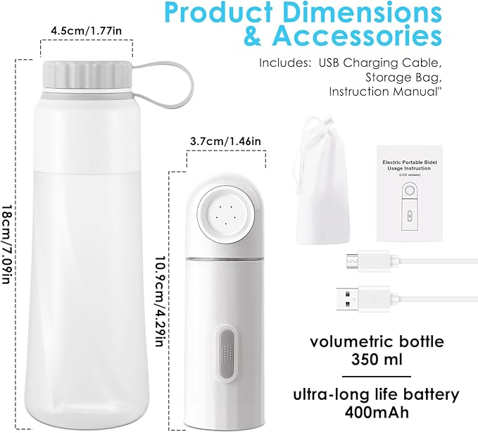 Portable Electric Travel Bidet, 450ML Electric Sprayer Bidet with Built-in Body for Easy Storage, Two Pressure Modes for Personal Hygiene Cleaning for Women and Men, White