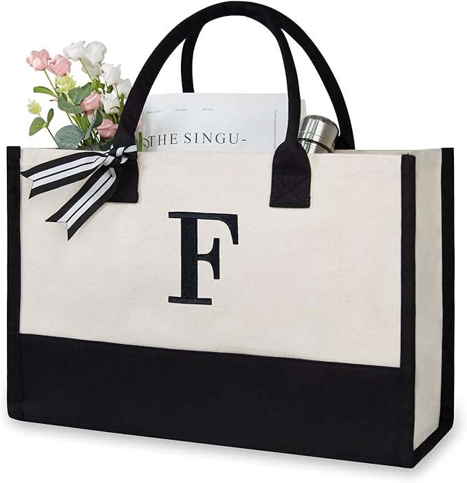 TOPDesign Embroidery Initial Canvas Tote Bag, Personalized Present Bag, Suitable for Wedding, Birthday, Beach, Holiday, is a Great Gift for Women, Mom, Teachers, Friends, Bridesmaids (Letter F)
