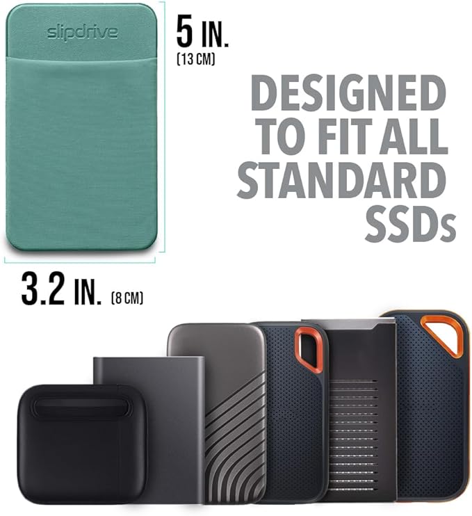 Slipdrive - Portable Hard Drive Sleeve for Laptop - SSD Solid State Drive - Reusable Adhesive - 5” x 3.2” Stick on External Hard Drive Carrying Case - Travel Pocket Pouch (Small, Aqua)