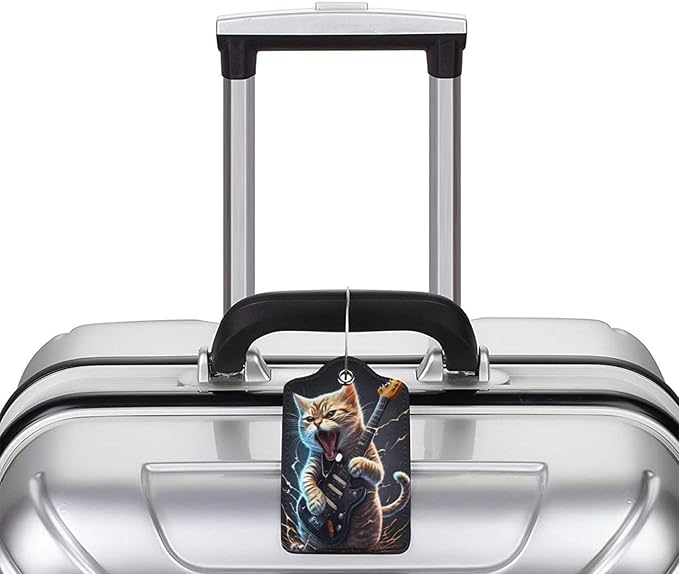 2 Pack Luggage Tags for suitcases Guitar Funny Cute cat Luggage Tag, Leather Stainless Steel Loop Label Tag for Men Women Travel Bag Suitcase(Guitar cat)