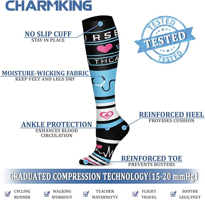 CHARMKING Compression Socks for Women & Men Circulation (3 Pairs) 15-20 mmHg is Best Support for Athletic Running Cycling