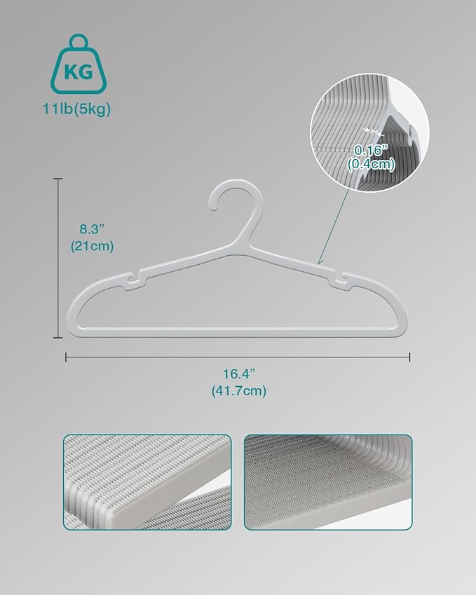 50 Pack Clothes Hangers, Non Slip Plastic Coat Hangers, Space Saving Hangers, Heavy Duty, Hanging Dry Wet Clothes, 16.4" x 8.3", Gray, APY0550G