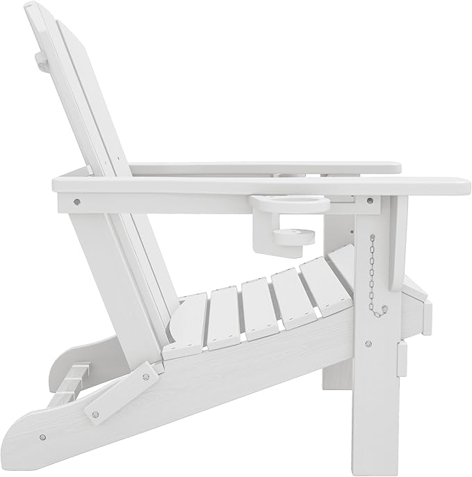 SERWALL Folding Adirondack Chair, Dual Cup Holders & All-Weather HDPE, Wood-Like Patio Chair for Backyard, Camping，Pool & Fire Pit- White