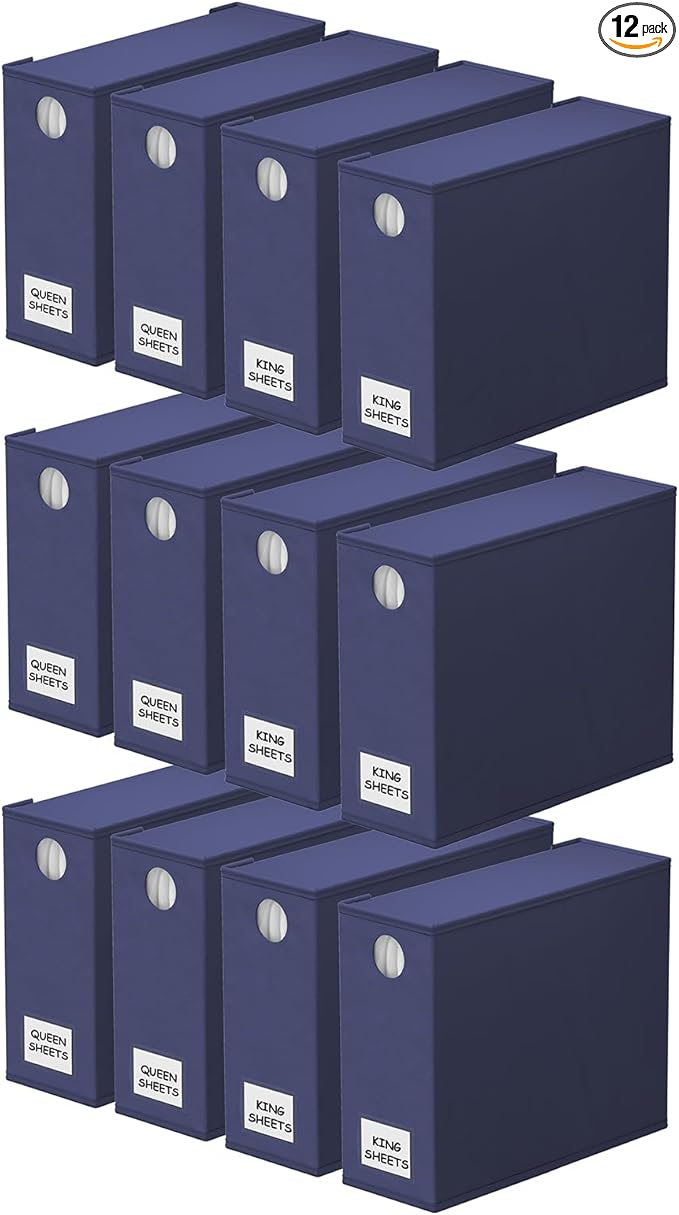 SpaceAid 12 Pack Bed Sheet Organizers and Storage, Foldable Linen Closet Organizer, Set Folder Keeper With Window XL (Queen & King Size) Bedding Container (Navy Blue)