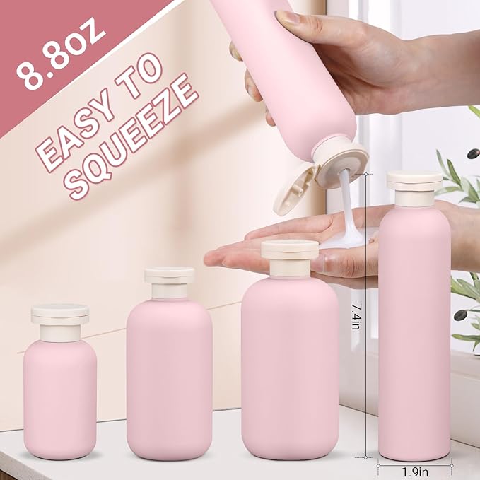 ASEVAT 8.8oz 4pack Refillable Travel Shampoo and Conditioner Bottles, Travel Size containers, Travel Bottle for toiletries, Squeeze Bottles with Flip Cap, Empty Plastic Leak Proof Travel Bottles