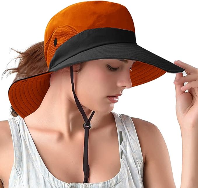 Rosoz Ponytail Sun Bucket Hats for Women UV Protection Foldable Mesh Wide Brim Hiking Beach Fishing Summer Safari