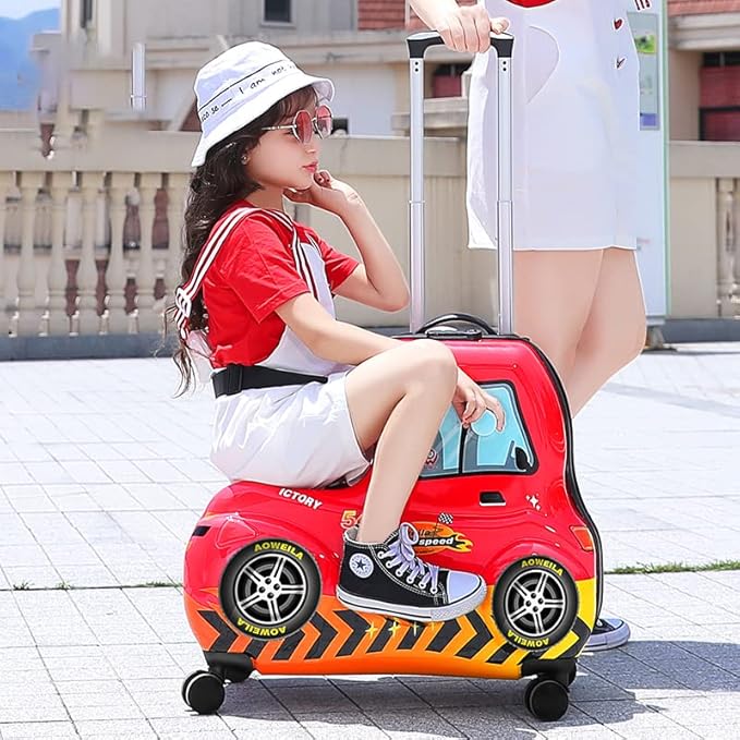 Kids Checked Ride on Luggage, 24 Inch Large Suitcase for Teens, Hardside Spinner Trunk with 360 Wheels, International Travel, Red car