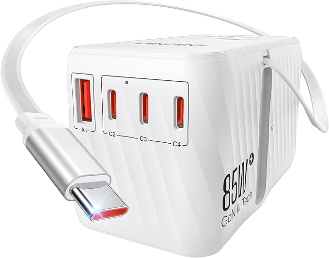 LENCENT 85W Universal Travel Adapter with Retractable USB C Cable, GaN International Plug Adapter with 3 Type C &1 USB A Ports Fast Charging, Worldwide Outlet Converter for US to European EU UK AUS