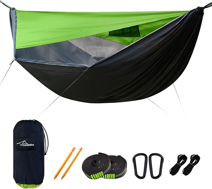 Camping Hammock with Mosquito Net and Sunshade, Backpacking Hammock with Ridge Rope Tree Straps, Lightweight Portable Hammocks for Outside, Hiking, and Travel