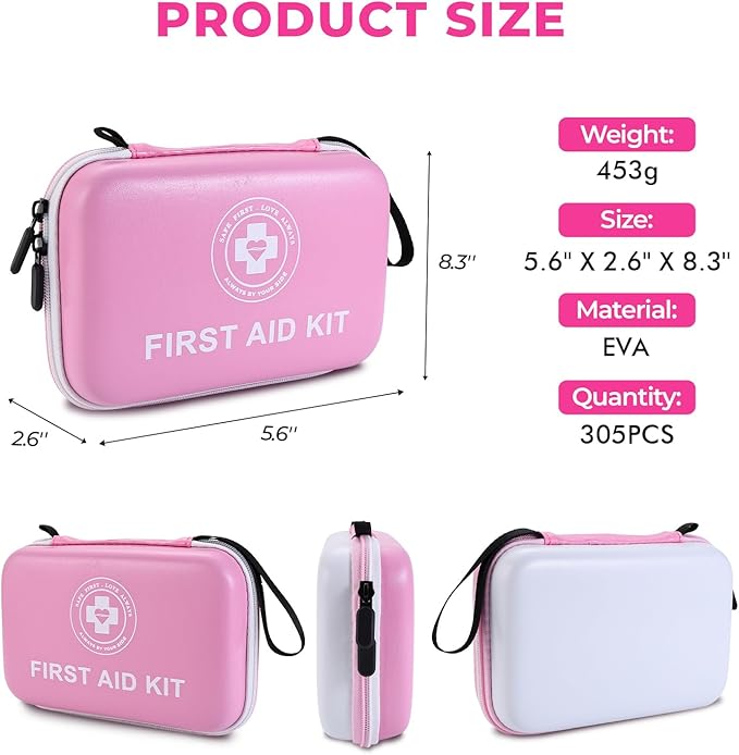 Premium First Aid Kit - 305 Piece Dual-Color Emergency Kit with Hard Shell & Fluorescent Interior Coating, Compact Survival Kit for Home, Car, Travel, Hiking & Outdoor (Pink/White)