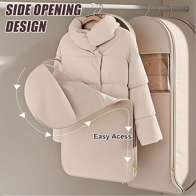 Space Saving Hanging Garment Bag with Self Compression Zipper, Space-Saving Dust-Proof Down Jacket Compression Storage Bag for Coats Blankets, Sweaters, Seasonal Clothes(Beige, XL)