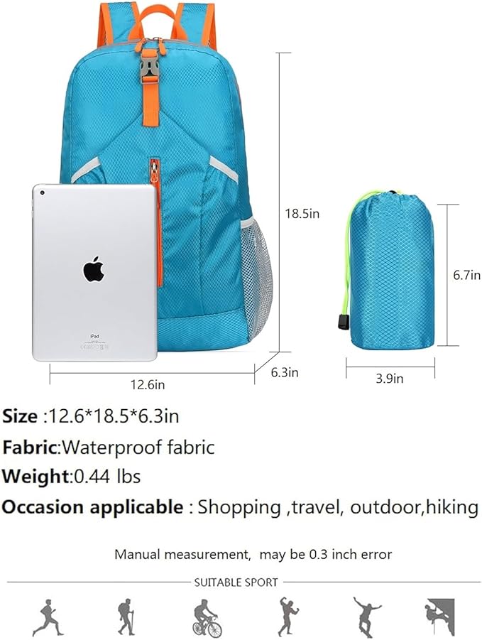 25L Hiking Backpack Foldable Sports Daypack Camping Collapsible Bag Water Repellent Lightweight Travel Men Women (Blue)