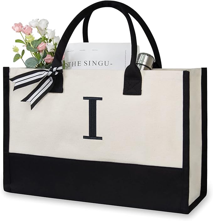 TOPDesign Embroidery Initial Canvas Tote Bag, Personalized Present Bag, Suitable for Wedding, Birthday, Beach, Holiday, is a Great Gift for Women, Mom, Teachers, Friends, Bridesmaids (Letter I)