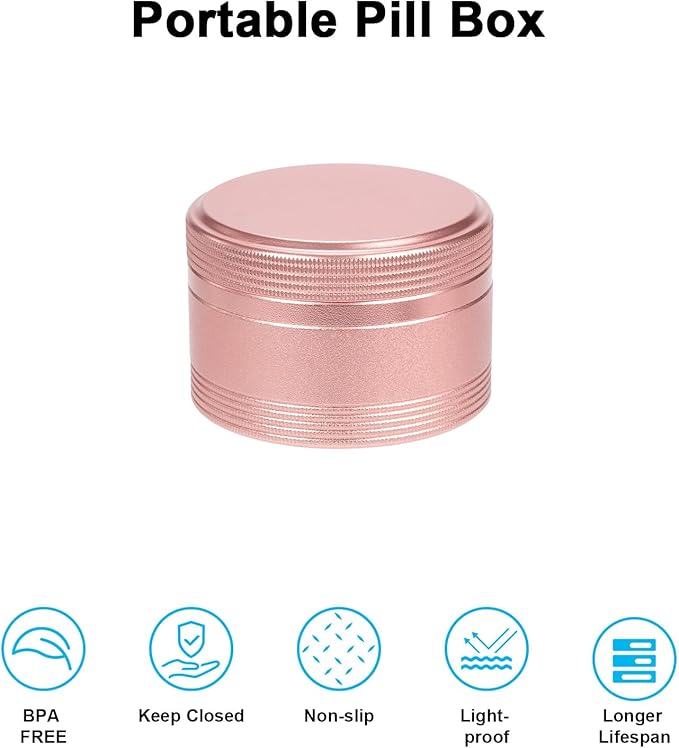 Small Metal Pill Box Pill Container - Waterproof Travel Pill Case for Purse Pocket, Portable Single Round Medecine Organizer Daily Vitamin Medication Pill Holder Pink