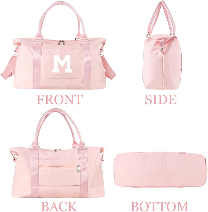 Initial Travel Duffel Bag Sports Gym Bag for Girls Teen Birthday Gifts,Pink Personalized Weekender Bag Carry On Tote Bags for Women Men,Waterproof Overnight Luggage Bag with Trolley Sleeve(Letter M)