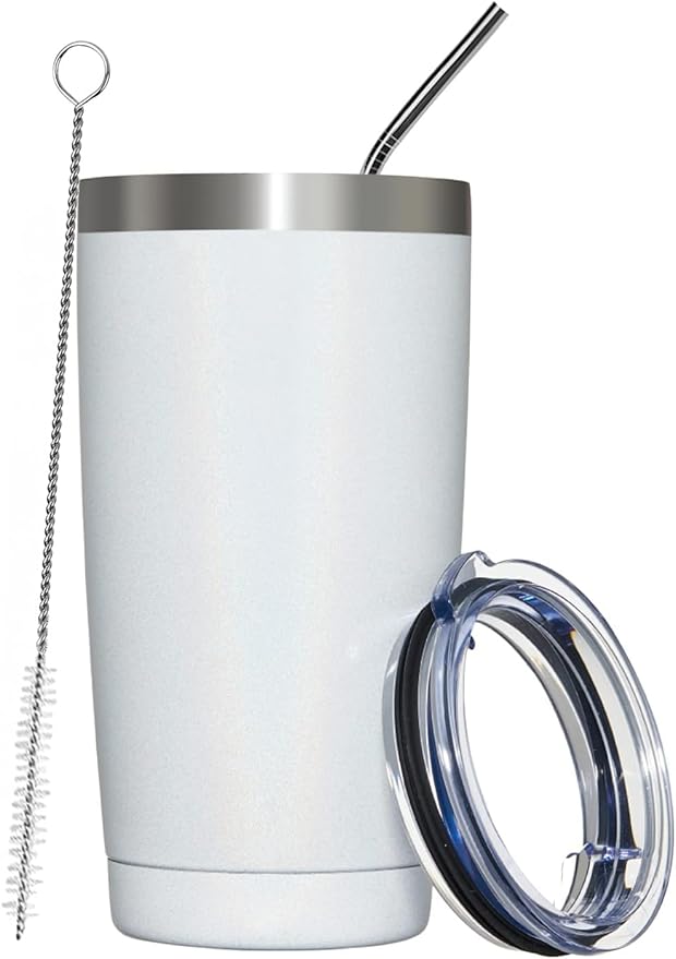 MEWAY 20oz Tumbler Double Wall Vacuum Insulated Travel Glitter Mug,Stainless Steel Tumblers with Lid and Straw, Powder Coated Coffee Cups for Woman (Rainbow White,1)