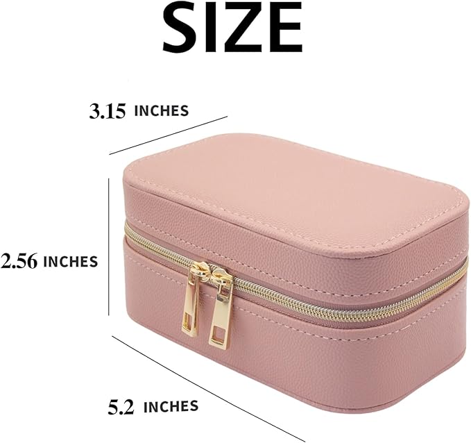 Small Jewelry Travel Case For Womens Small Rectangle PU Leather Jewelry Box With Zipper 2.56" H Portable Travel Jewelry Case For Earring Rings Necklaces Bracelets Pink Jewelry Gifts Box