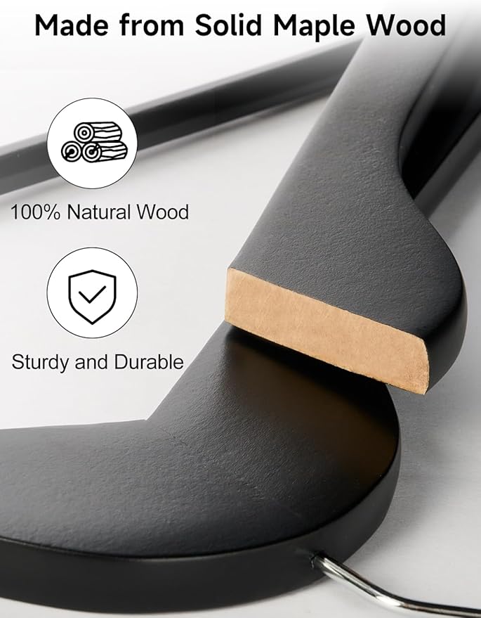 StorageWorks Black Wooden Hangers, 20 Pack Wood Hanger for Closet, Coat Hangers for Coats, Shirts, Pants, Suits