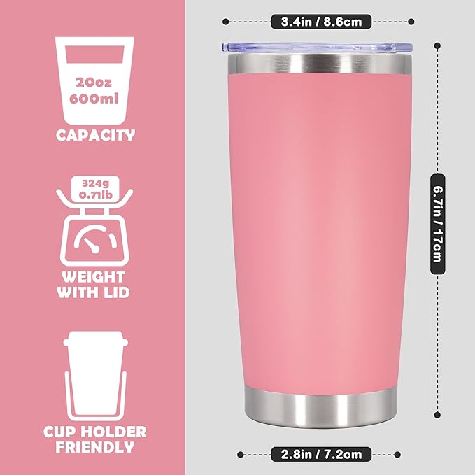 20oz Tumbler Bulk Stainless Steel Tumbler Cup with Lid Vacuum Insulated Double Wall Travel Mug, Durable Powder Coated Travel Coffee Tumbler Mug for Hot & Cold Drinks, Pink,12 Pack