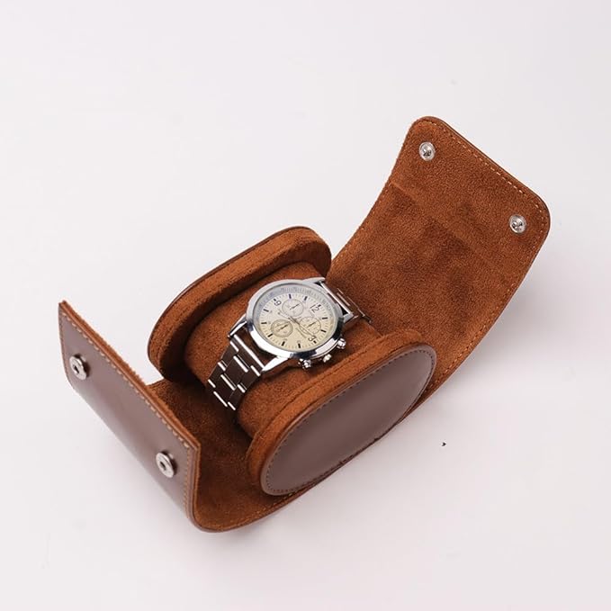 HAN QIANG Single Watch Roll Travel Case Chic Portable Vintage Leather Display Watch Storage Box Gift Watch Case (Brown), HQ-099