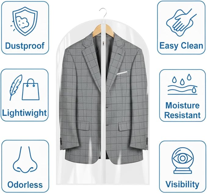 All Clear Garment Bags for Travel - 32” PEVA Waterproof Suit Cover with Zipper for Hanging Clothes, Shirts, Sweaters - Durable Dresser for Closet Storage, Dustproof & Moisture Resistant - 32”/12 Pack