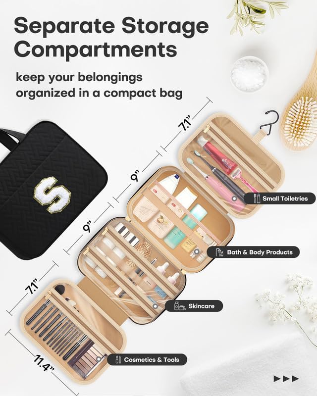 HOTOR Travel Toiletry Bag - Personalized Chenille Initial Makeup Bag, Water-Resistant Personalized Gifts for Women, Portable Travel Accessories & Essentials, Letter S, Black, 11.4"×9.0"×3.35"