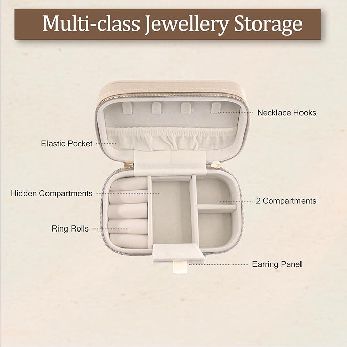 Small Travel Jewelry Case With PU Leather, Sturdy And Smooth Gold Metal Zipper, Perfect Size Suitable For Compact Jewelry Organizer Storage, Small Women's Jewelry Box Travel Accessories Beige