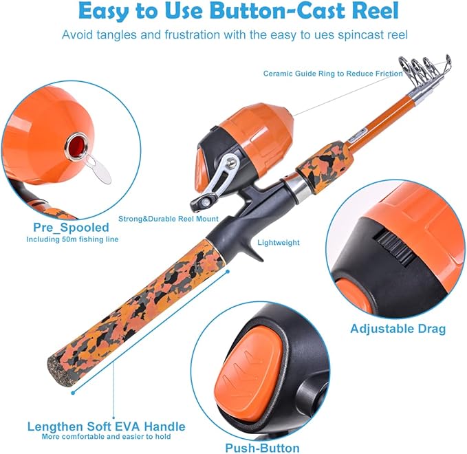 CODEK Kids Fishing Pole Set with Full Starter Kits 2 Set Portable Telescopic Fishing Rod and Spincast Reel Cambos with a Fishing Net and 2 Buckets for Boys Girls and Youth