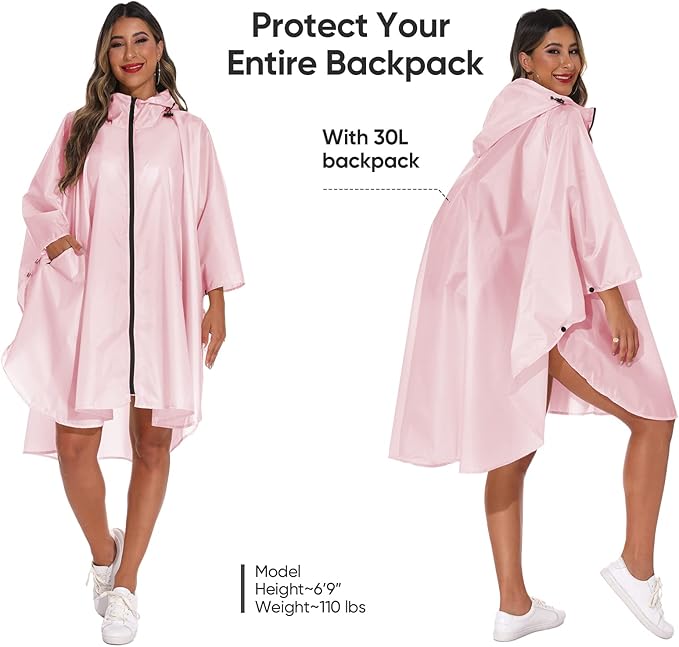 PTEROMY Hooded Rain Poncho for Adult with Pocket and Zipper, Waterproof Lightweight Raincoat for Men and Women