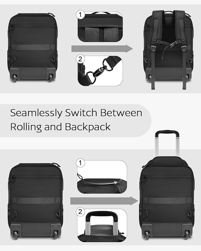 Rolling Tactical Laptop Backpack, Underseat Travel Backpack with Wheels, 17 Inch Wheeled Military Computer Backpack for Men and Women, Roller Overnight Molle Outdoor Hiking College Carry on Luggage