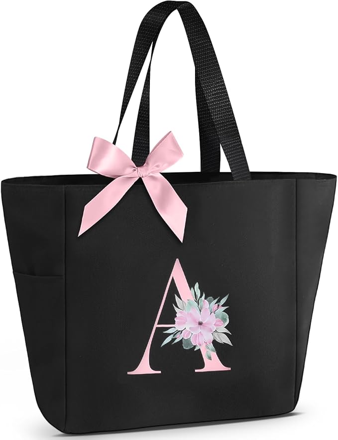 Vavabox Tote Bag, A-Z Initial Monogrammed Waterproof Tote Bag, Bridesmaid Gifts for Women, Black and Pink
