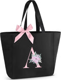 Vavabox Tote Bag, A-Z Initial Monogrammed Waterproof Tote Bag, Bridesmaid Gifts for Women, Black and Pink