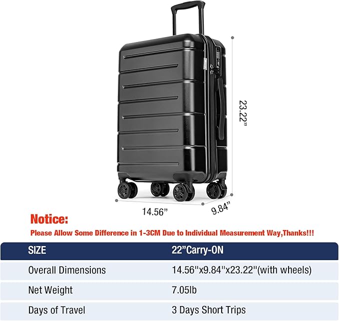 KYME Hardside Carry On Luggage 22x14x9 Airline Approved with TSA Lock Hardshell Carry On Suitcase with Spinner Wheels Travel Rolling 22 Inch Luggage with Cup Holder for Men Women Black