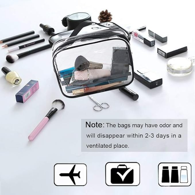 APREUTY Clear Makeup Bags, TSA Approved 6 Pcs Cosmetic Makeup Bags Set Clear PVC with Zipper Handle Portable Travel Luggage Pouch Airport Airline Vacation Organization (Black)