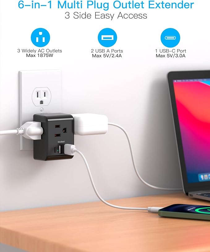 Multi Plug Outlet Extender, Power Strip Non Surge Protector Electric Outlet Splitter with 3 USB Wall Charger (1 USB C), Multiple Outlet Expander for Cruise, Dorm, Travel, Home, Black