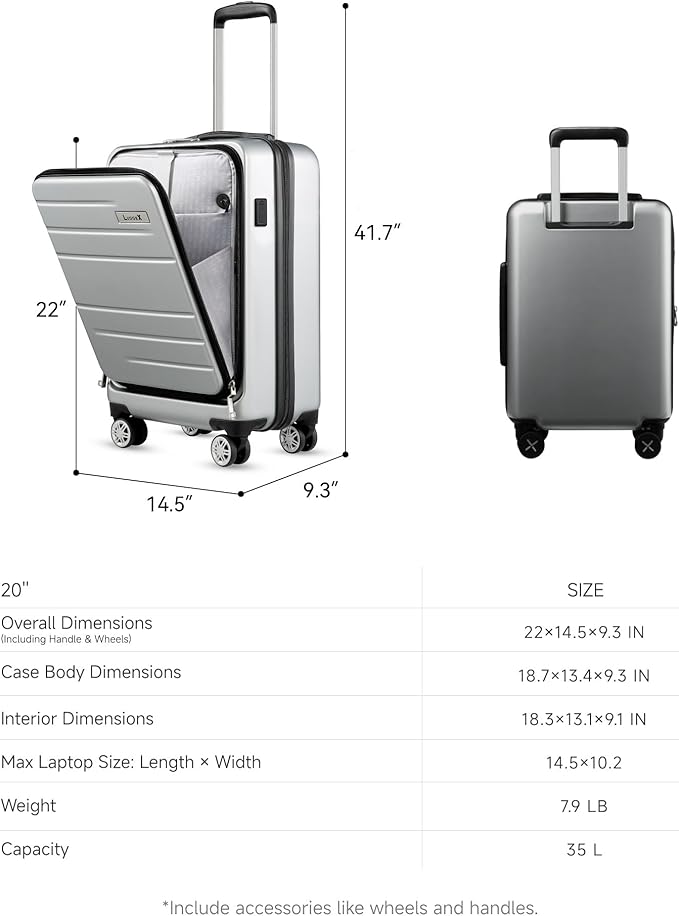 LUGGEX Carry On Luggage 22x14x9 Airline Approved, Polycarbonate Hard Suitcase with Front Pocket (Silver Grey, 20 Inch, 35L)