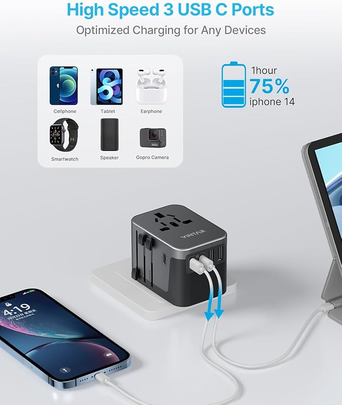Universal Travel Adapter, VINTAR International Power Adapter with 6A 3 USB C and 2 USB Ports, All in One Travel Essentials Plug Adapter, Worldwide Outlet Converter for Europe UK USA AUS(Type C/G/A/I)