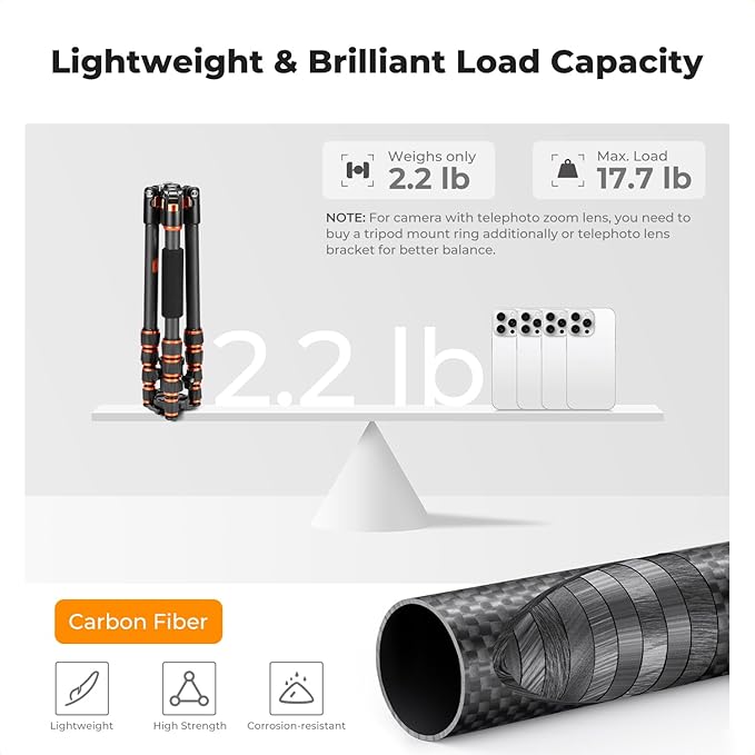 K&F Concept 60 inch Carbon Fiber Camera Tripod,Super Lightweight Compact Travel Tripod with 360 Degree Ball Head,Quick Release Plate, Detachable Monopod, 17 lb Load Capacity for SLR DSLR, A225C0+BH25L