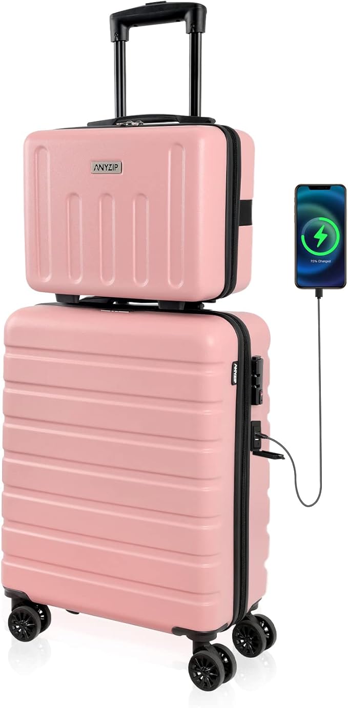 AnyZip 21" Carry On Luggage and 14" Mini Cosmetic Cases Luggage Set Hardside PC ABS Lightweight USB Suitcase with Wheels TSA for kids (2-Piece Set (14/21),Pink)