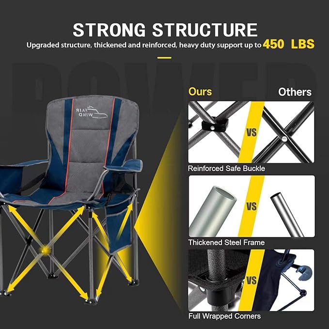 FAIR WIND Oversized Fully Padded Camping Chair with Lumbar Support, Heavy Duty Quad Fold Arm Chair with Cooler Bag - Support 450 LBS，Blue