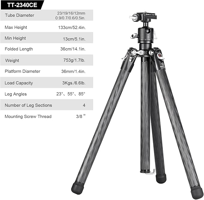 TT2340CE 4-Sections Carbon Fiber Travel Tripod for Ipad, Phone, DSLR Camera, Ideal for vlog Photography, Compact Travel Tripod Lightweight, Small and Short, with 25mm Ball Head