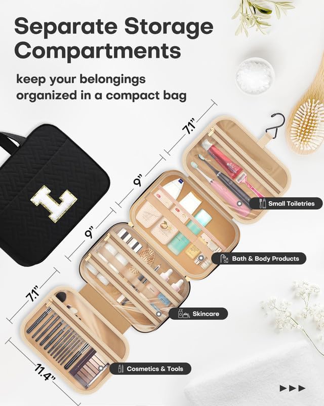 HOTOR Travel Toiletry Bag - Personalized Chenille Initial Makeup Bag, Water-Resistant Personalized Gifts for Women, Portable Travel Accessories & Essentials, Letter L, Black, 11.4"×9.0"×3.35"