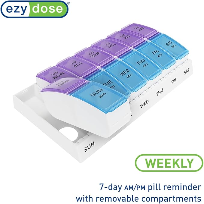 Ezy Dose Weekly (7-Day) AM/PM Pill Organizer, Vitamin and Medicine Box, Small Pop-out Compartments, 2 Times a Day, Blue and Purple Lids