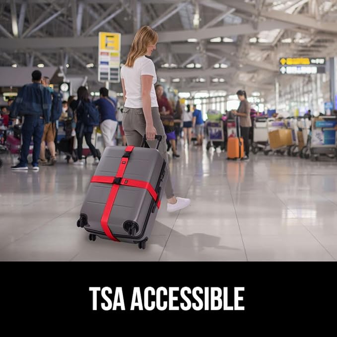 GORILLA GRIP Heavy Duty Adjustable Luggage Straps for Suitcases, Easy to Identify Travel Belt Connector Holds Suitcase Together, Extends Life of Bag, Strap Connects Two Bags, Accessories 2 Pack Red