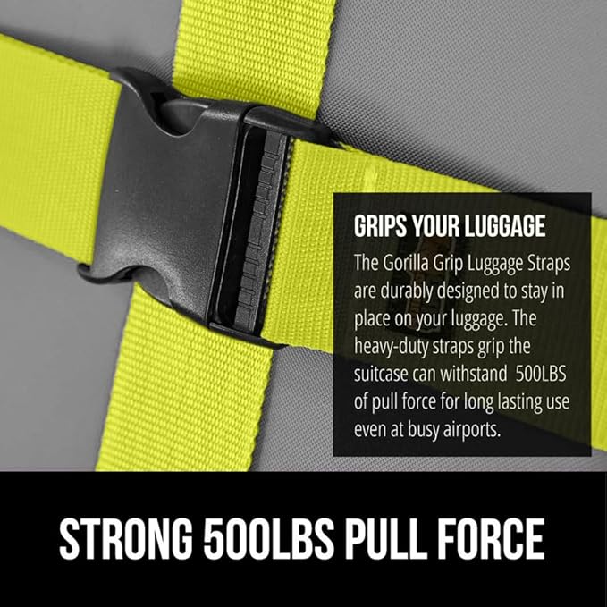 GORILLA GRIP Heavy Duty Adjustable Luggage Straps for Suitcases, Easy to Identify Travel Belt Connector Holds Suitcase Together, Extends Life of Bag, Strap Connects Two Bags, Accessories 2 Pack Yellow