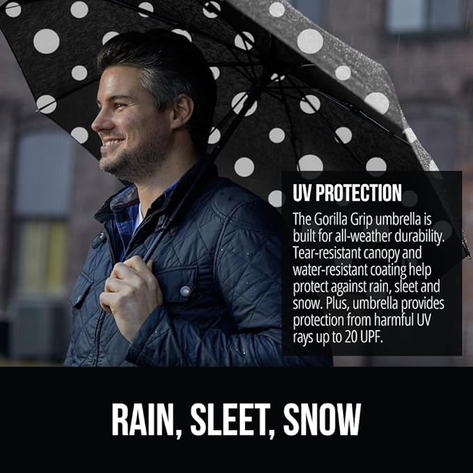 GORILLA GRIP Strong Stick Umbrella for Rain, Compact Travel One-Click Automatic Open Close, Lightweight, Portable, US Designed Reinforced Fiberglass Ribs, Wind Resistant, Easy Collapse, Polka Dots